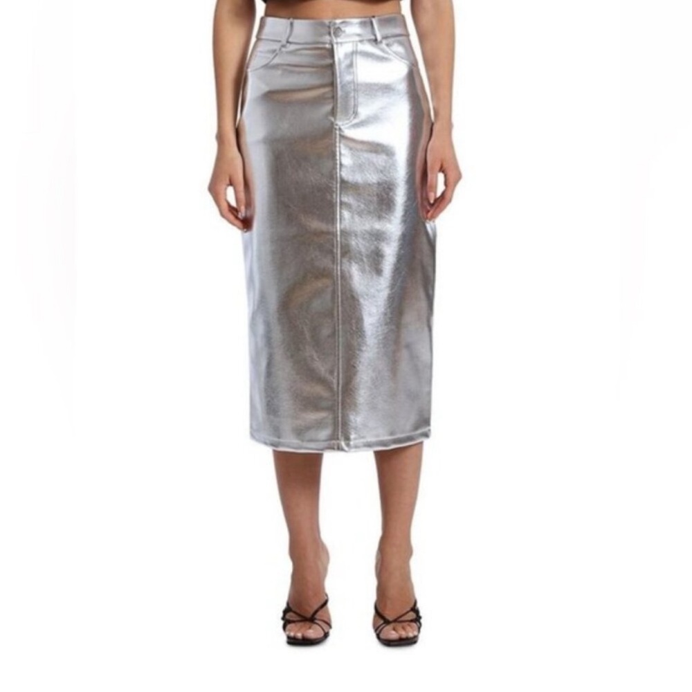 NWT 7 For All Mankind Faux Leather Metallic Midi Skirt Back Slit Size Large